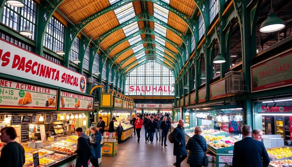 Image of Östermalms Saluhall's interior with various food stalls