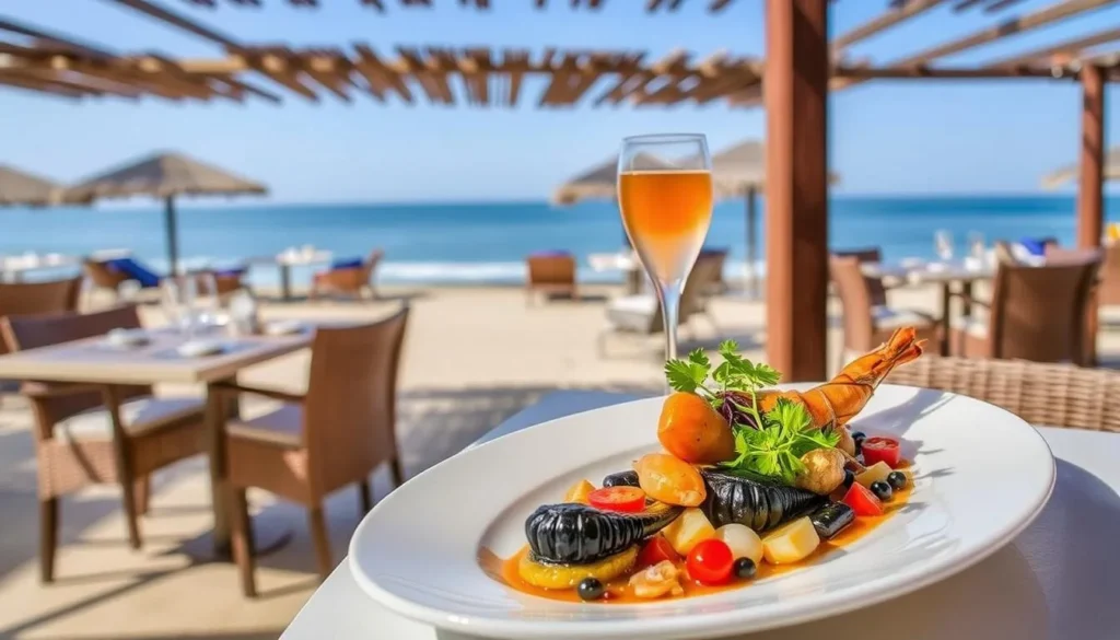 Image of Parador La Huella's beachfront dining area with a delicious seafood dish