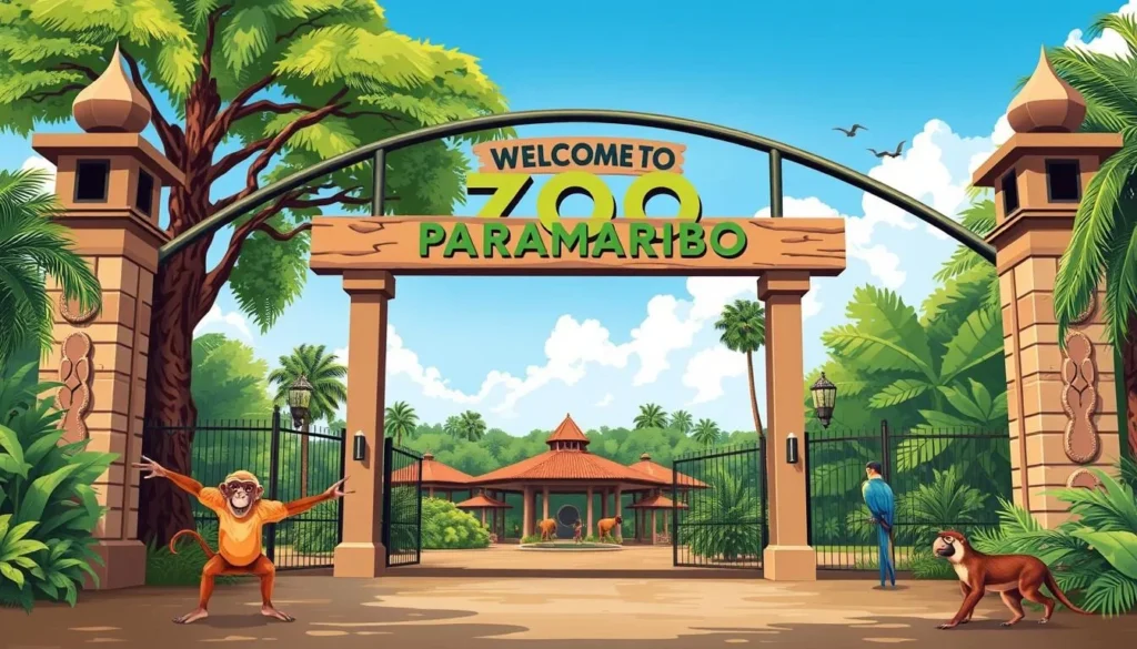 Image of Paramaribo Zoo entrance with a sign and a few animals in the foreground