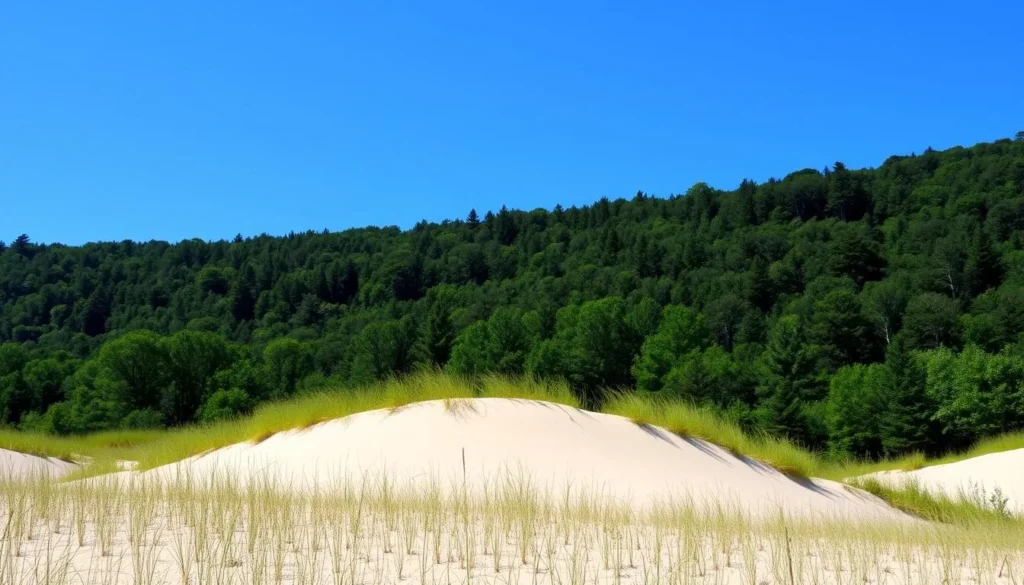 Image of Parnidis Dune with a clear blue sky and green forests in the background