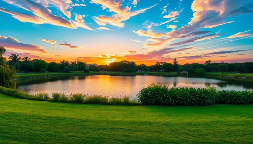 Image of Parque del Este at sunset with a serene lake and lush greenery