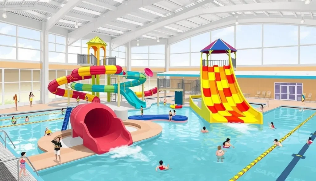 Image of Paul Derda Recreation Center's indoor pool with water slides