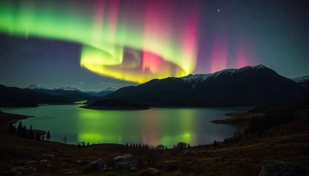 Image of Pieljekaise National Park's scenic landscape during the northern lights display