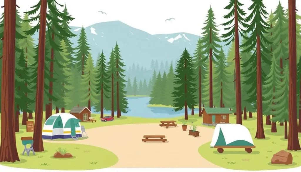 Image of Pine Lake Campground with a serene forest background and camping facilities