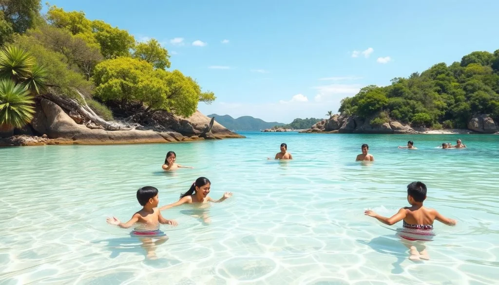 Image of Playa Mansa with families enjoying the calm waters