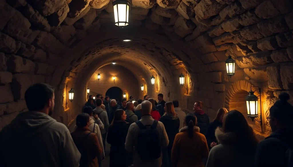 Image of Plzen's underground tunnels with a tour group