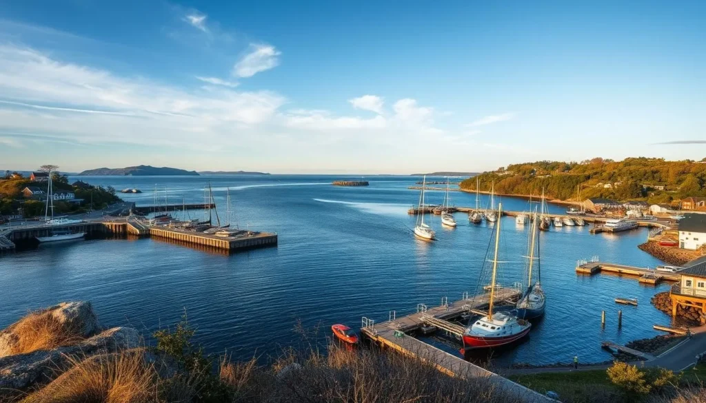 Image of Pollen harbor basin in Arendal, showcasing its vibrant atmosphere and beautiful surroundings.