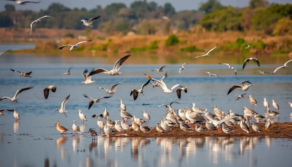 Image of Pulicat Lake with various bird species
