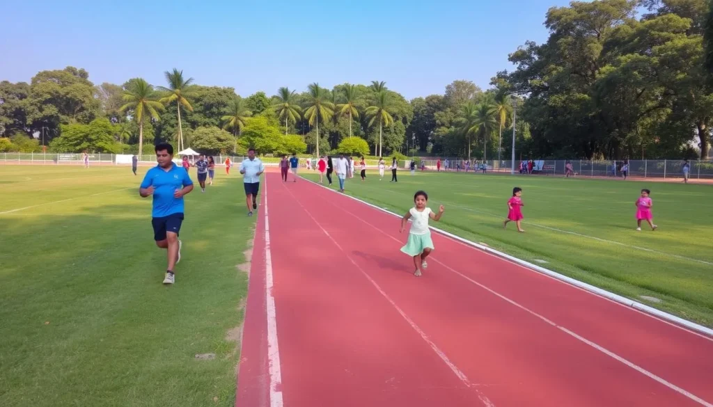 Image of Race Course Ground in Rajkot with people jogging and children playing.