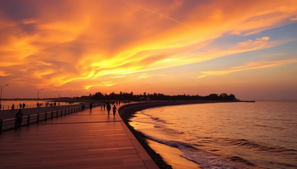 Image of Ramakrishna Beach with a vibrant promenade and sunset over the Bay of Bengal