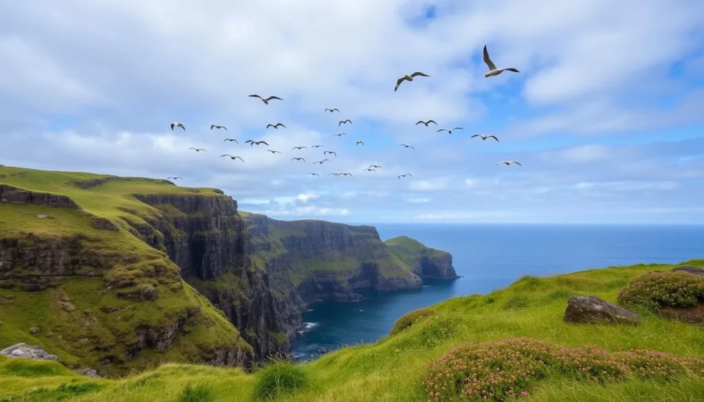 Image of Rathlin Island's scenic coastline with seabirds flying overhead