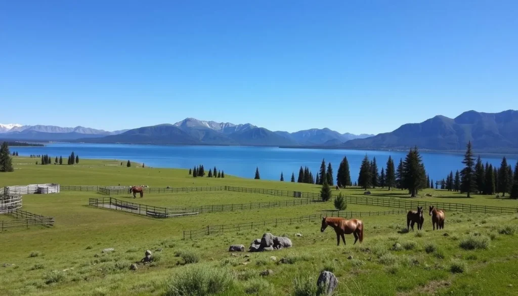 Image of Redfish Lake Corrals with horses grazing near the lake