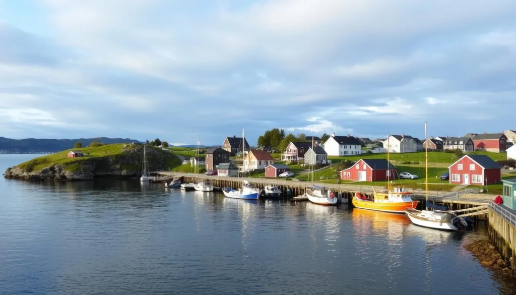 Image of Risøy and Hasseløy Islands with historic homes and boats