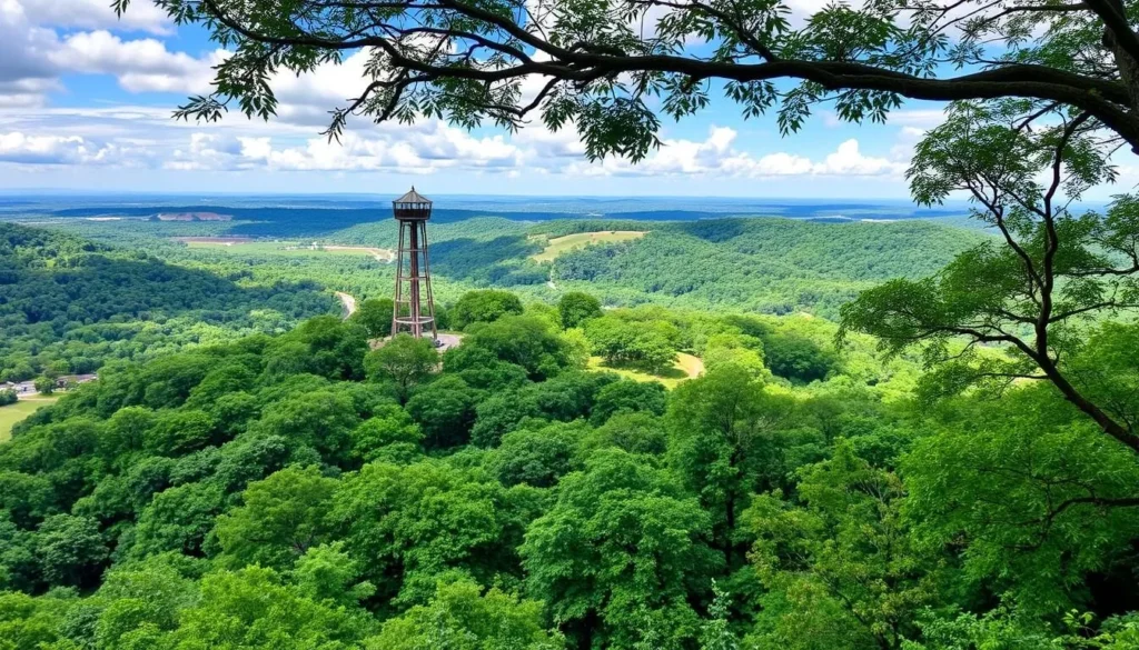 Image of Rochus Nature Park with lush greenery and a lookout tower