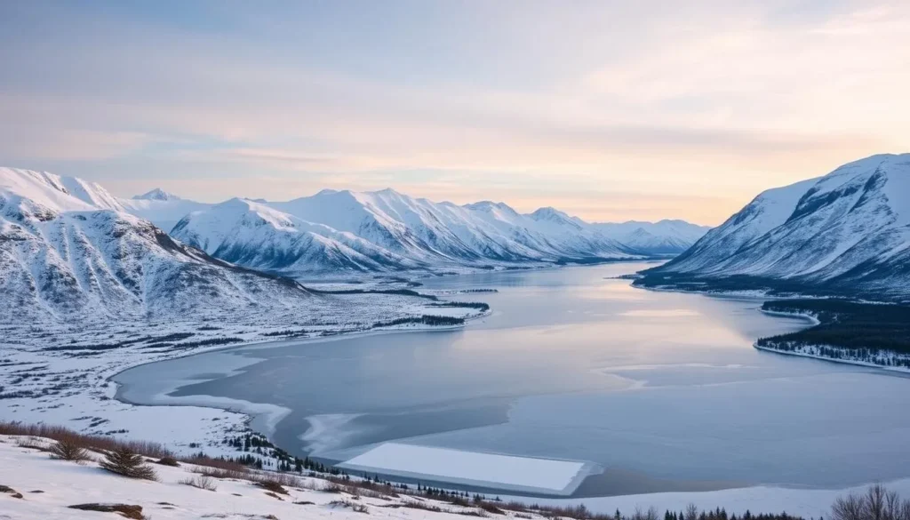 Image of Rondane National Park in winter with snow-covered mountains and frozen lakes