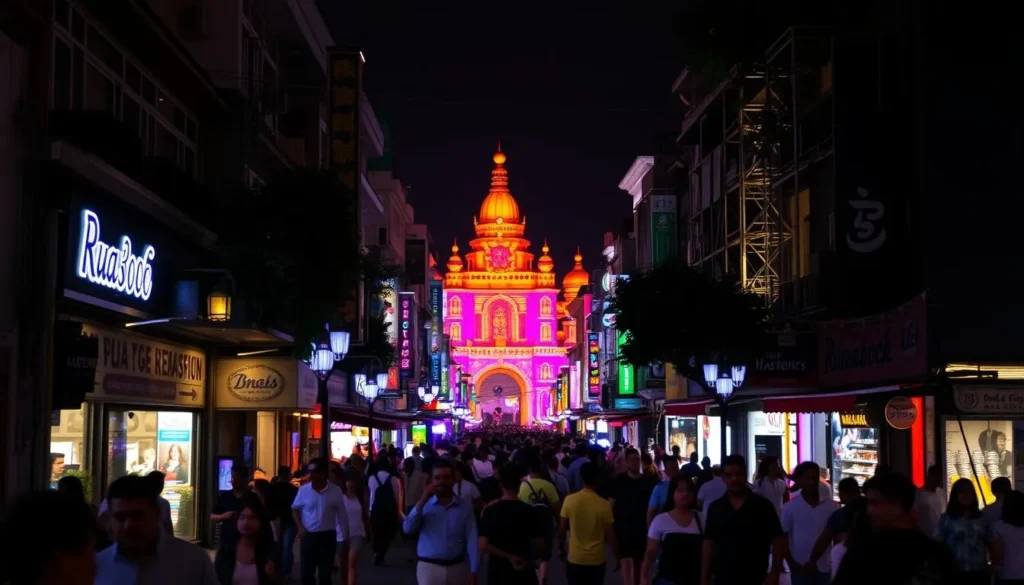 Image of Rua3000 street at night with vibrant lights and people walking