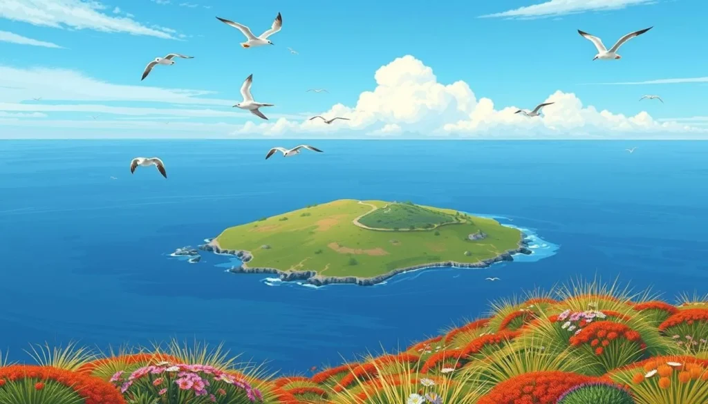 Image of Runde Bird Island with seabirds in flight