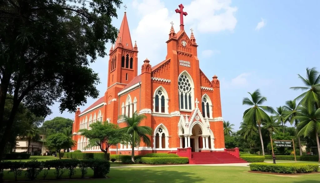 Image of Sacred Heart Church, Asansol, with its distinctive red brick façade and Gothic Revival architecture