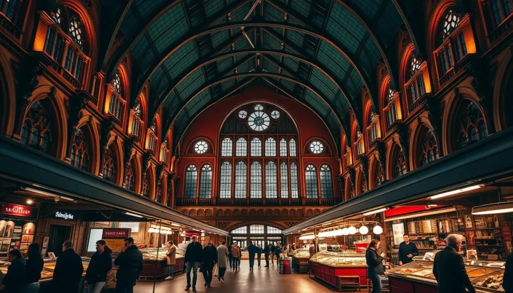 Image of Saluhallen Market Hall in Lund, Sweden, showcasing its historic architecture and vibrant food stalls.