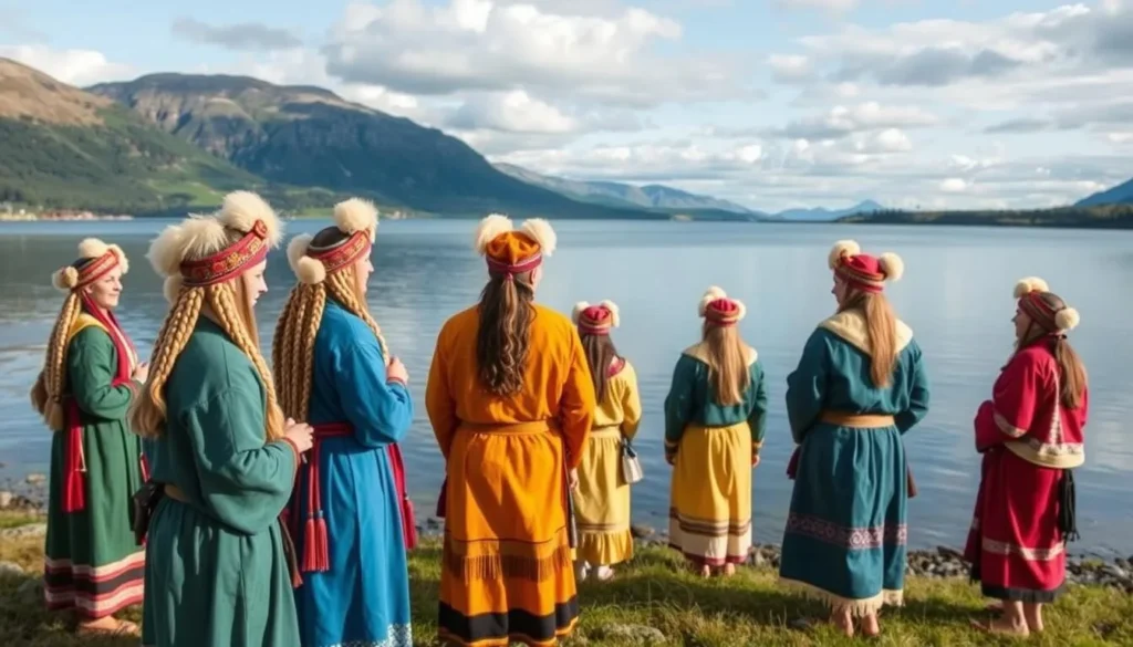 Image of Sami people in traditional clothing near Lake Hornavan