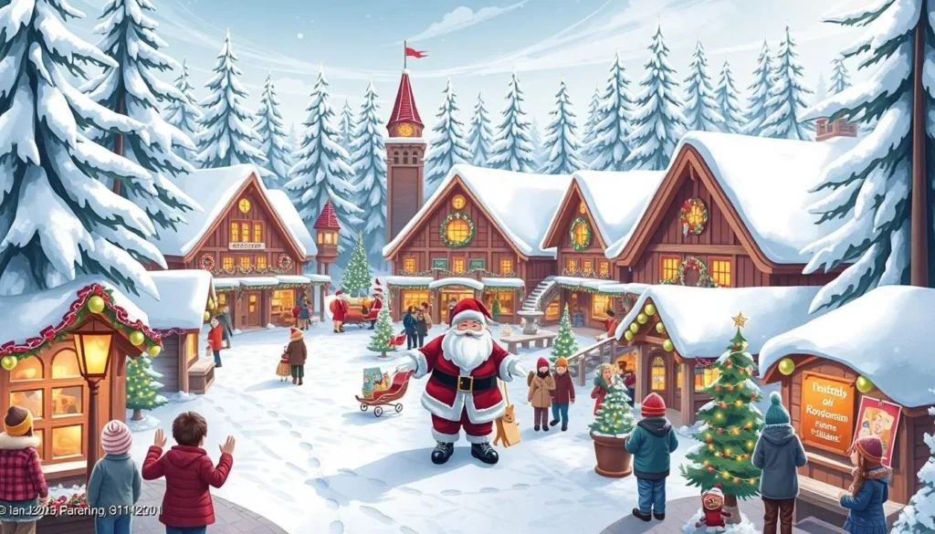 Image of Santa Claus Village in Rovaniemi, Finland, with snow-covered trees and Santa Claus welcoming visitors.