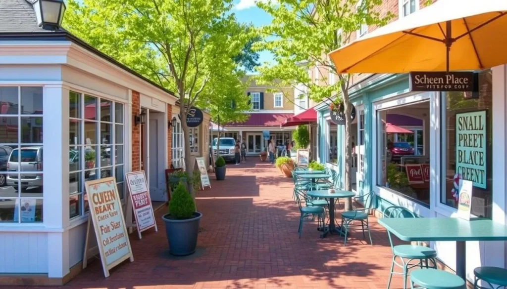 Image of Schoen Place in Pittsford, NY, showcasing its waterfront shops and dining areas.