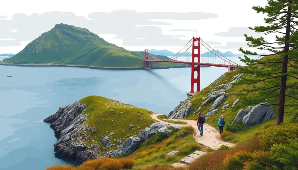 Image of Skjernøy island with its distinctive red suspension bridge and hikers on the coastal trails Image of Skjernøy island with its distinctive red suspension bridge and hikers on the coastal trails