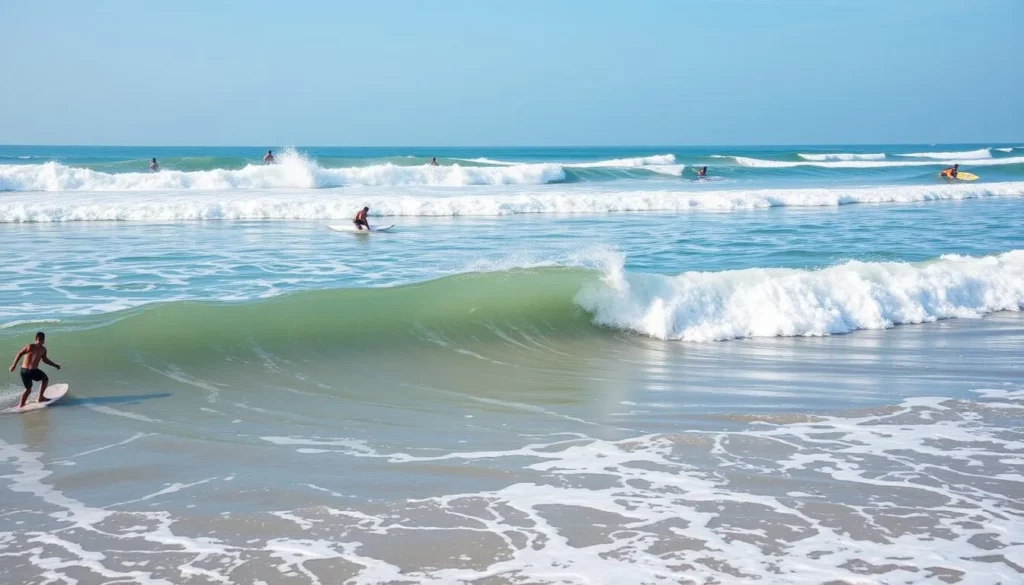 Image of Someshwara Beach with surfers riding the waves