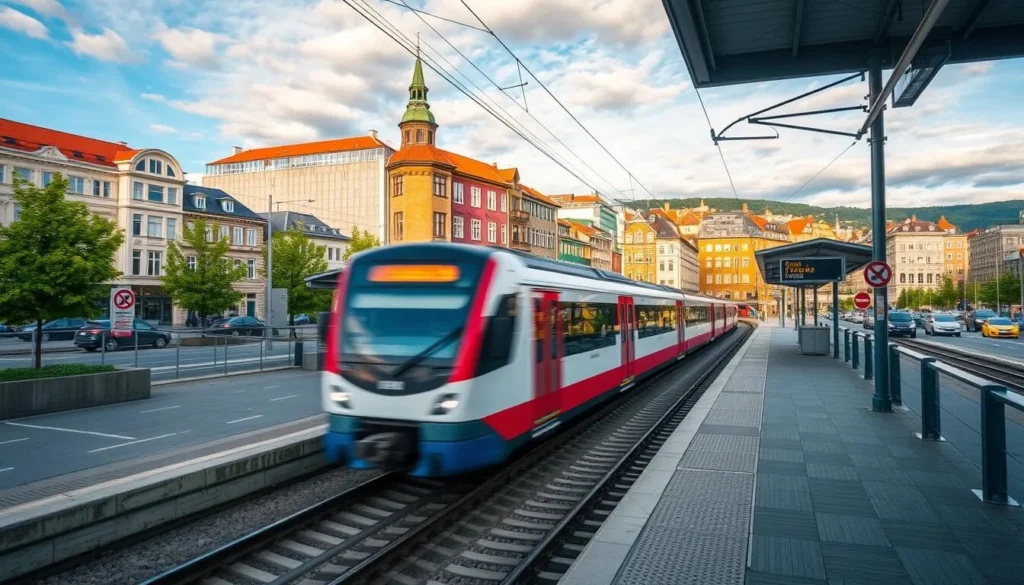 Image of Stavanger cityscape with a train arriving at the station