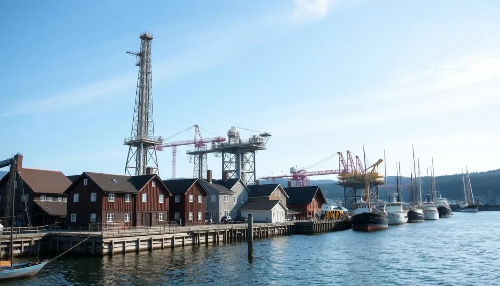 Image of Stavanger's historic harbor with traditional wooden houses and modern oil industry infrastructure