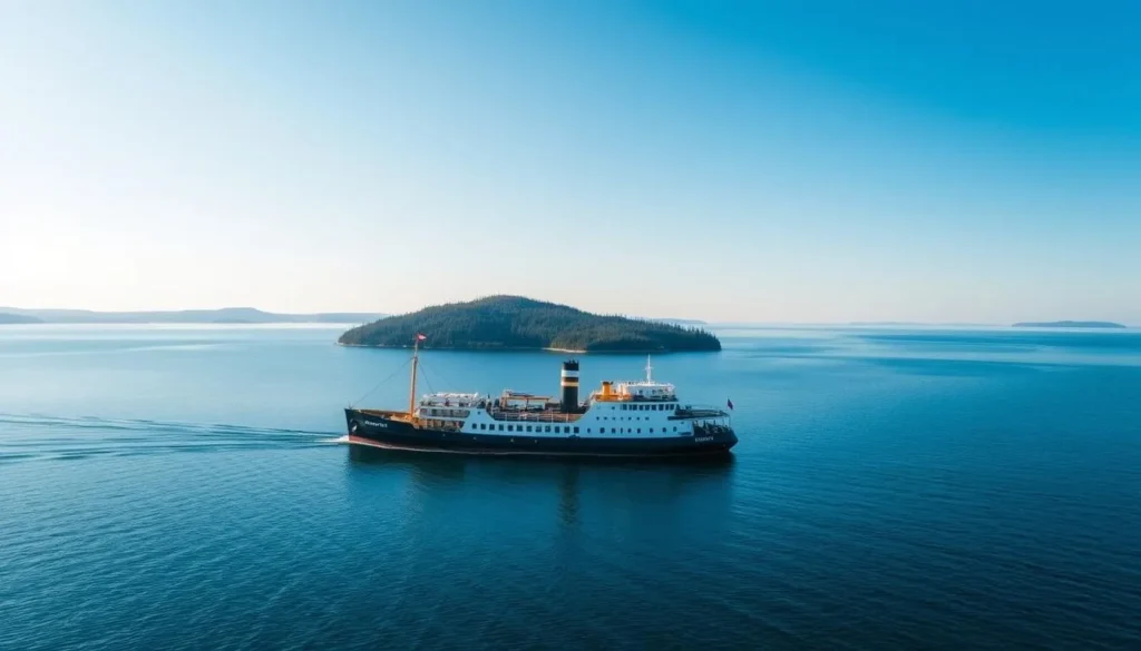 Image of Steamship Ukkopekka sailing towards Loistokari Island.