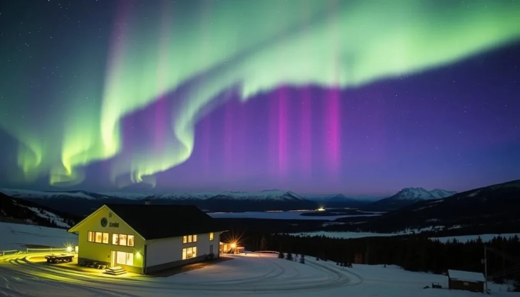 Image of Stora Sjöfallet Mountain Centre with a clear view of the northern lights