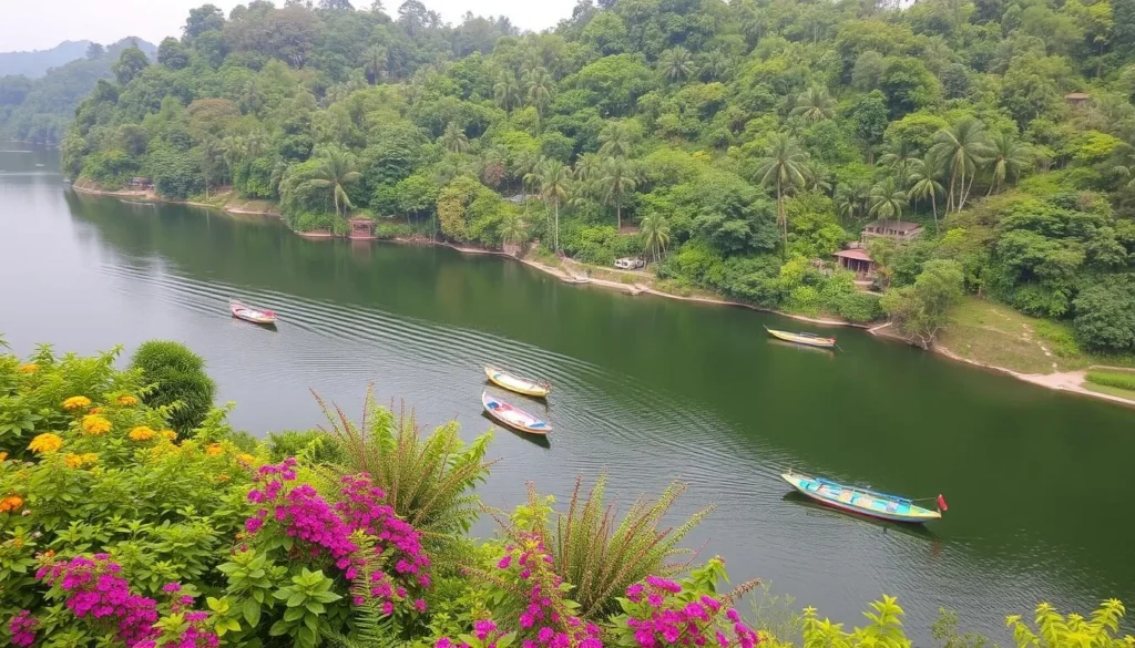 Image of Tampara Lake with boats and lush greenery Image of Tampara Lake with boats and lush greenery