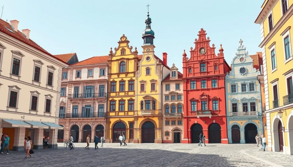 Image of Telč's historic centre with its colorful Renaissance and Baroque facades