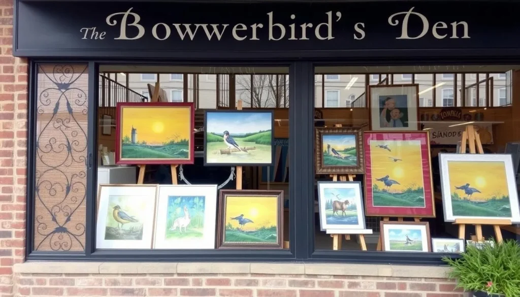 Image of The Bowerbird's Den storefront with local artwork displayed