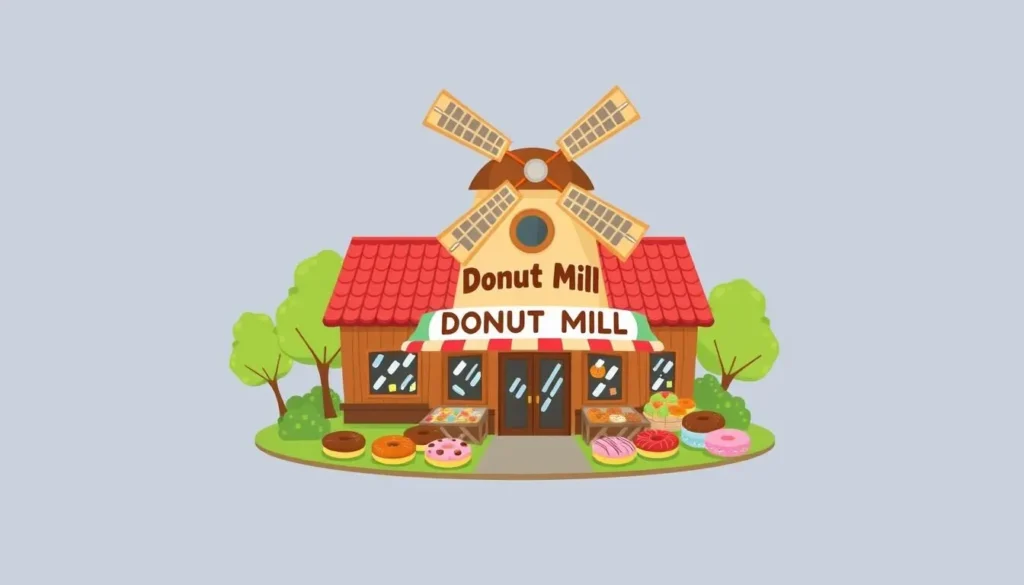 Image of The Donut Mill's windmill-shaped building and a variety of their donuts
