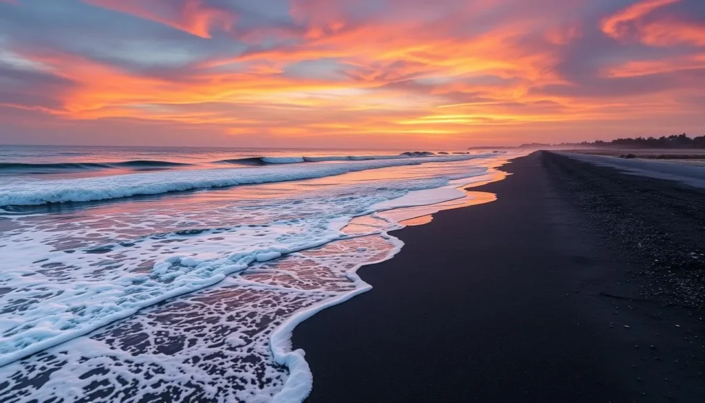 Image of Tithal Beach with white waves crashing against black sand shores