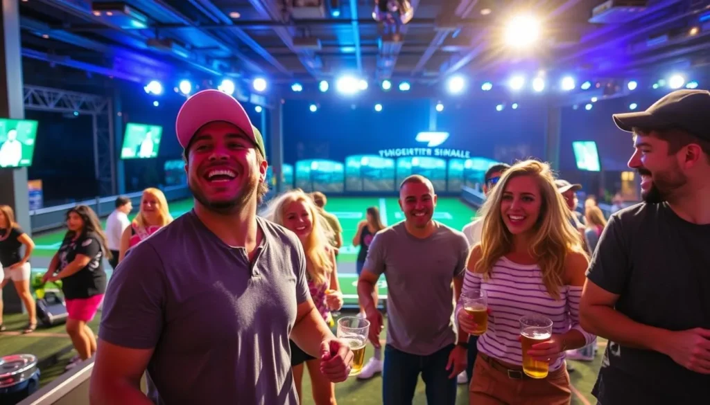 Image of Topgolf Centennial's vibrant atmosphere with people enjoying golf and entertainment activities.
