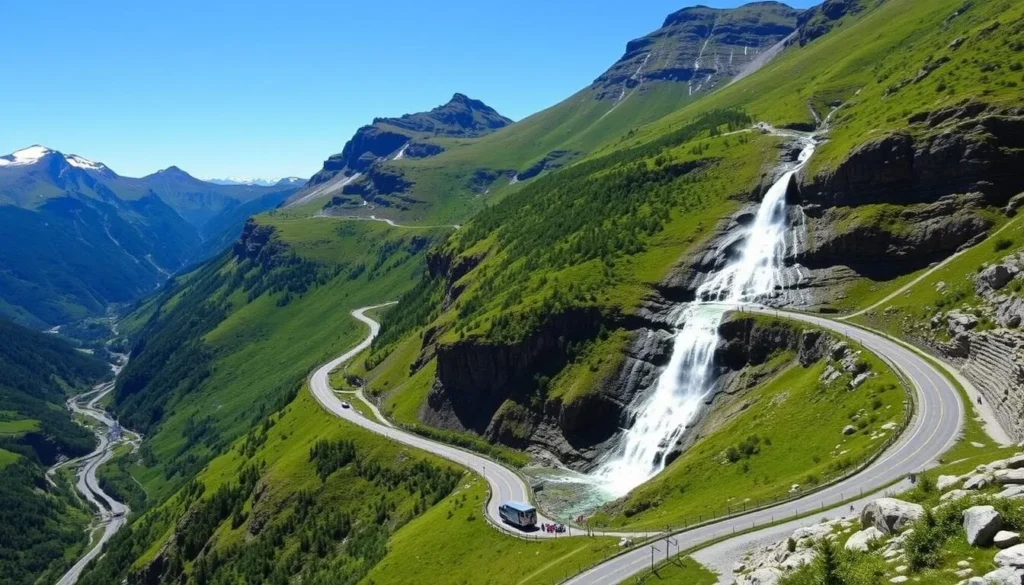 Image of Trollstigen, Norway, with hairpin turns and waterfall