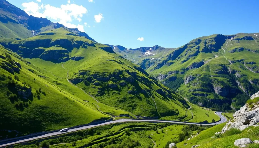 Image of Trollstigen mountain pass during summer with lush greenery and clear blue skies