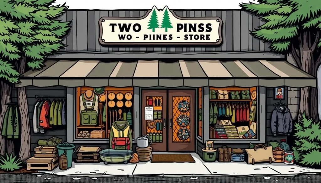 Image of Two Pines Supply storefront with outdoor gear displayed