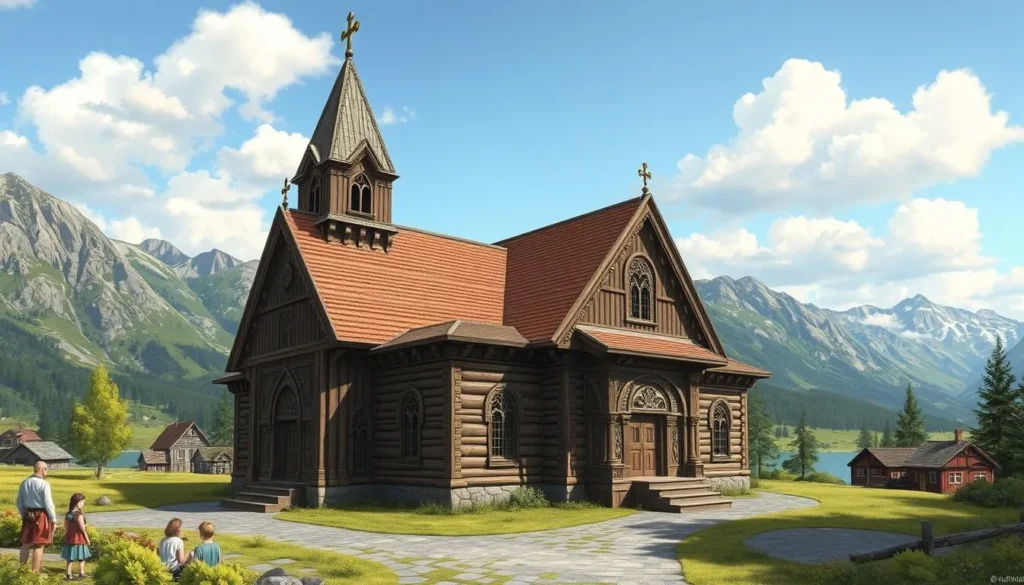 Image of Urnes Stave Church with its intricate wood carvings and scenic surroundings