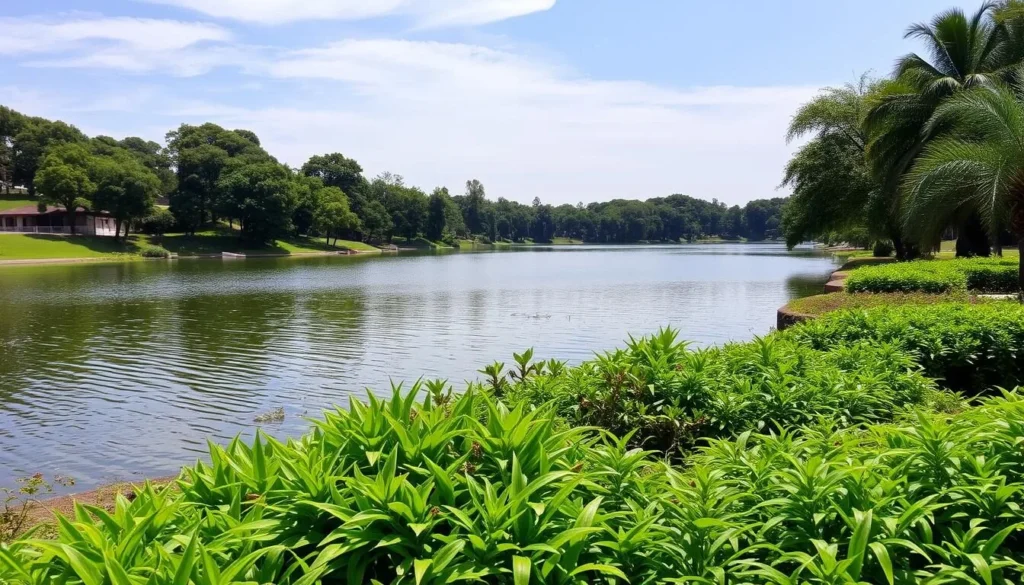 Image of Vereda del Lago Park's lush greenery and serene lake views
