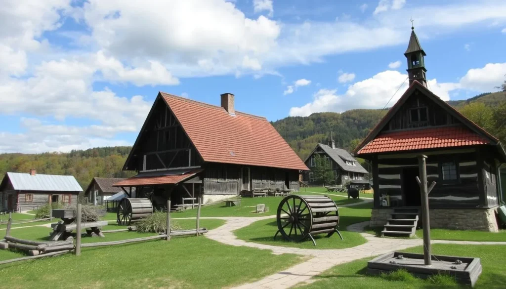 Image of Veselý Kopec open-air museum with traditional rural architecture and technical monuments