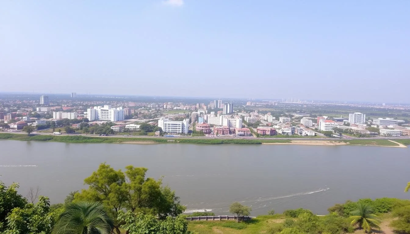 Image of Vijayawada cityscape with River Krishna in the foreground