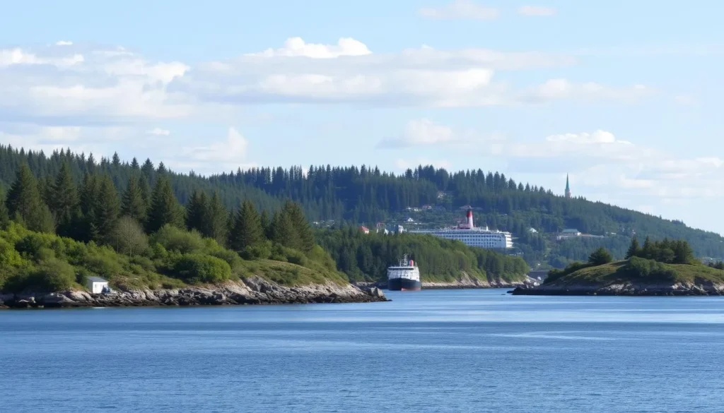 Image of Visingsö Island with a ferry in the background