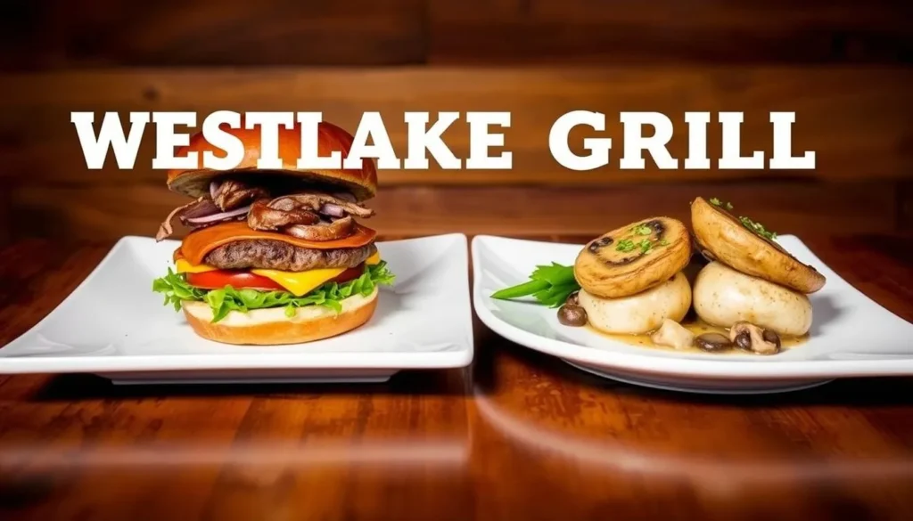 Image of Westlake Grill's signature dish, possibly the bison burger or mushroom scallops