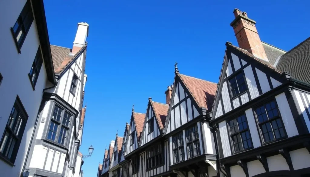 Image of Whitehall's Tudor architecture with white weatherboarding