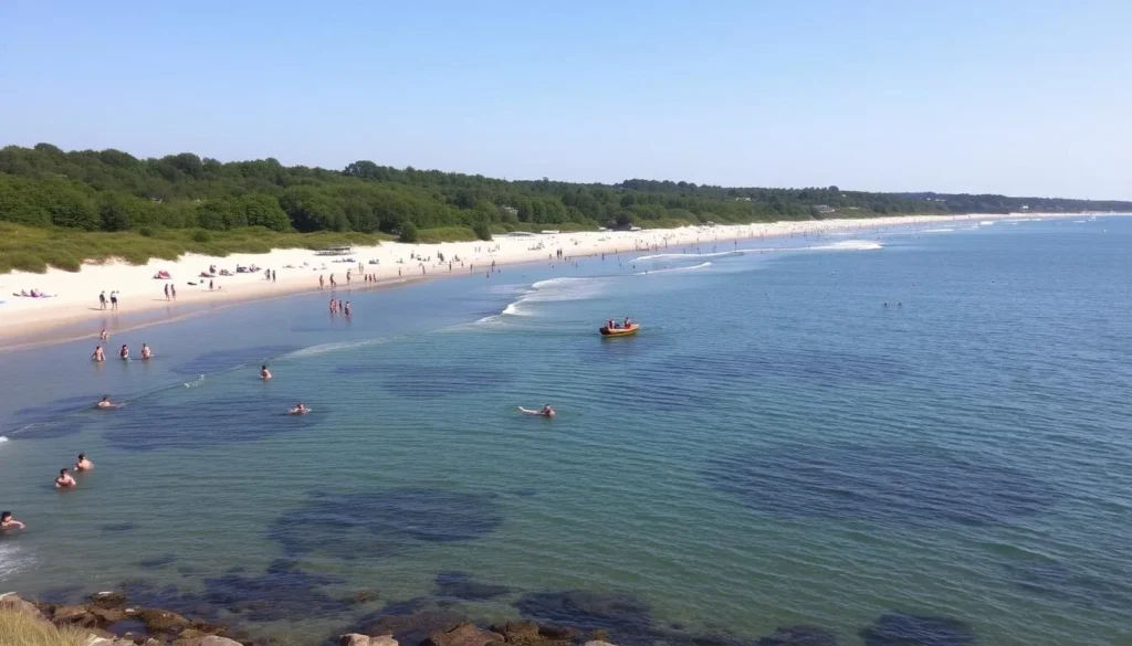 Image of Ystad Beach with people swimming and sunbathing