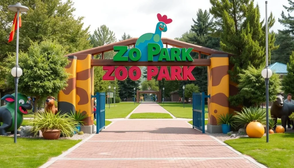 Image of Zoo Park Vyskov's entrance with a sign and a fun atmosphere